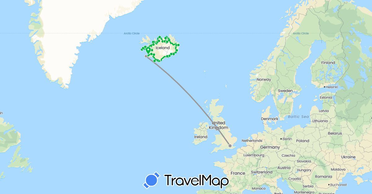 TravelMap itinerary: driving, bus, plane in United Kingdom, Iceland (Europe)
